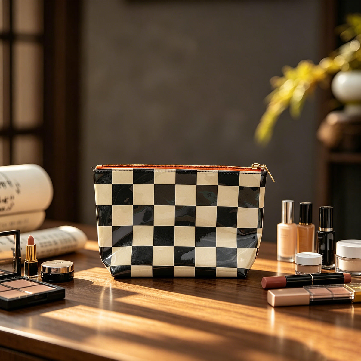 Retro Checkered Makeup Bag – Black & Cream