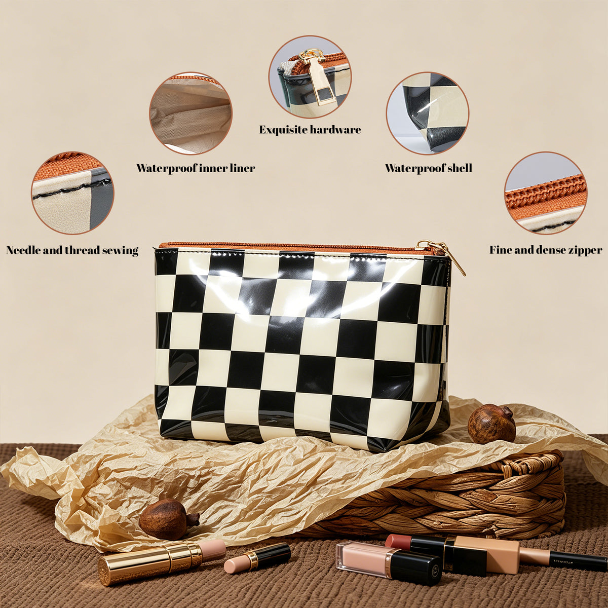 Retro Checkered Makeup Bag – Black & Cream