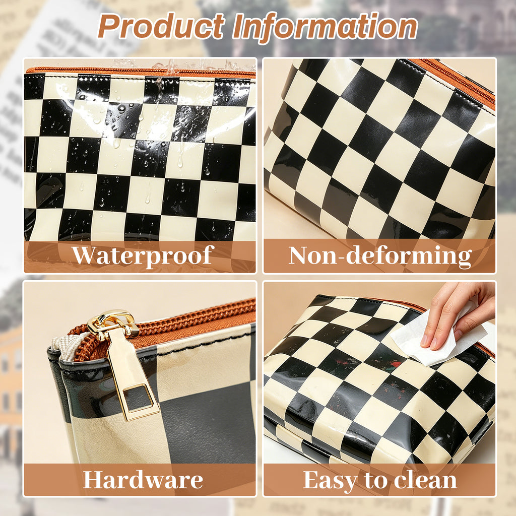Retro Checkered Makeup Bag – Black & Cream