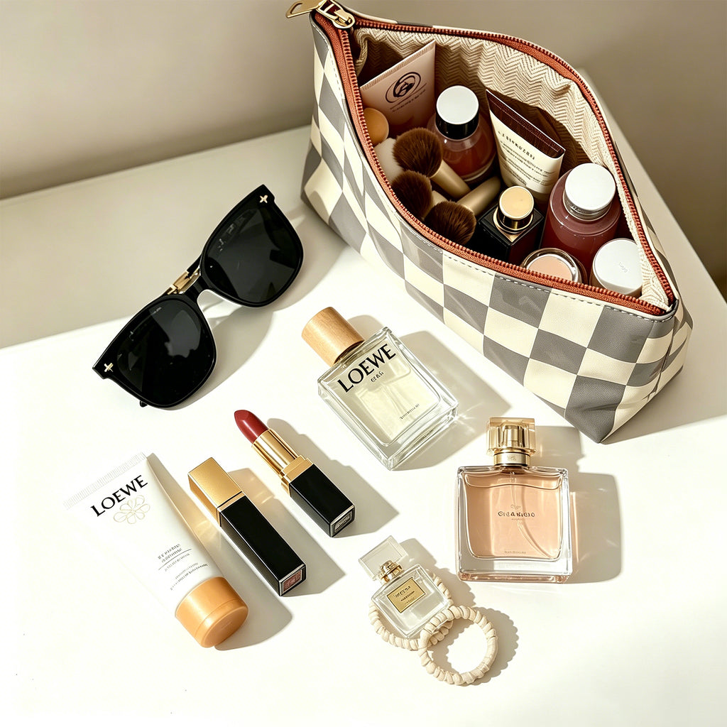 Retro Checkered Makeup Bag – Black & Cream