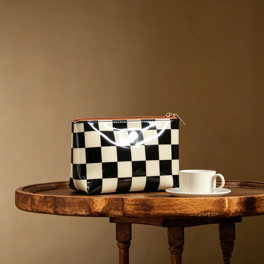 Retro Checkered Makeup Bag – Black & Cream