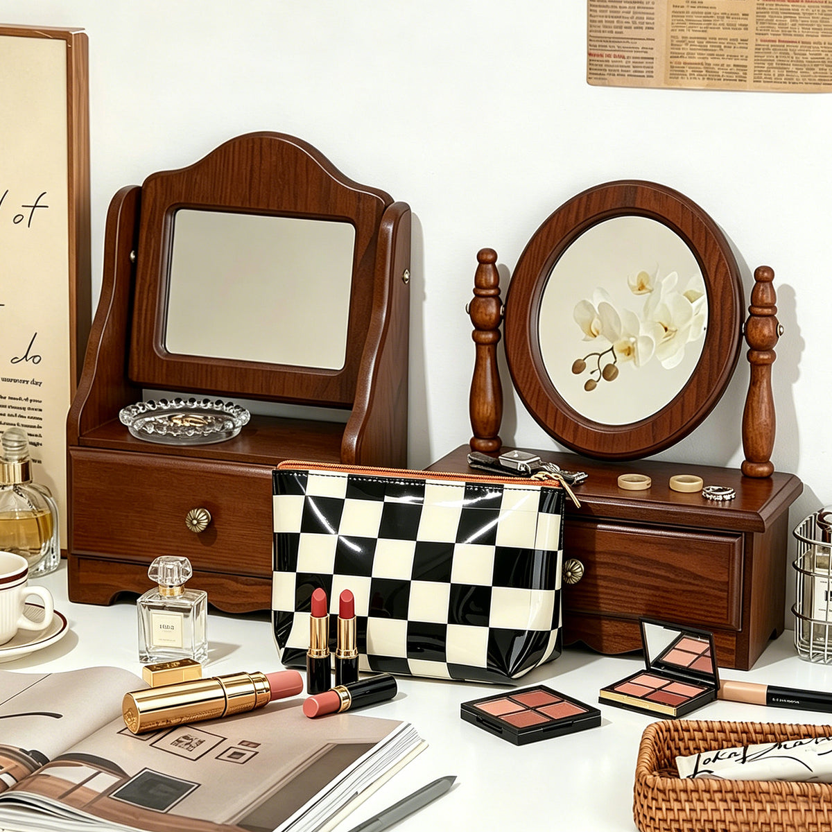 Retro Checkered Makeup Bag – Black & Cream