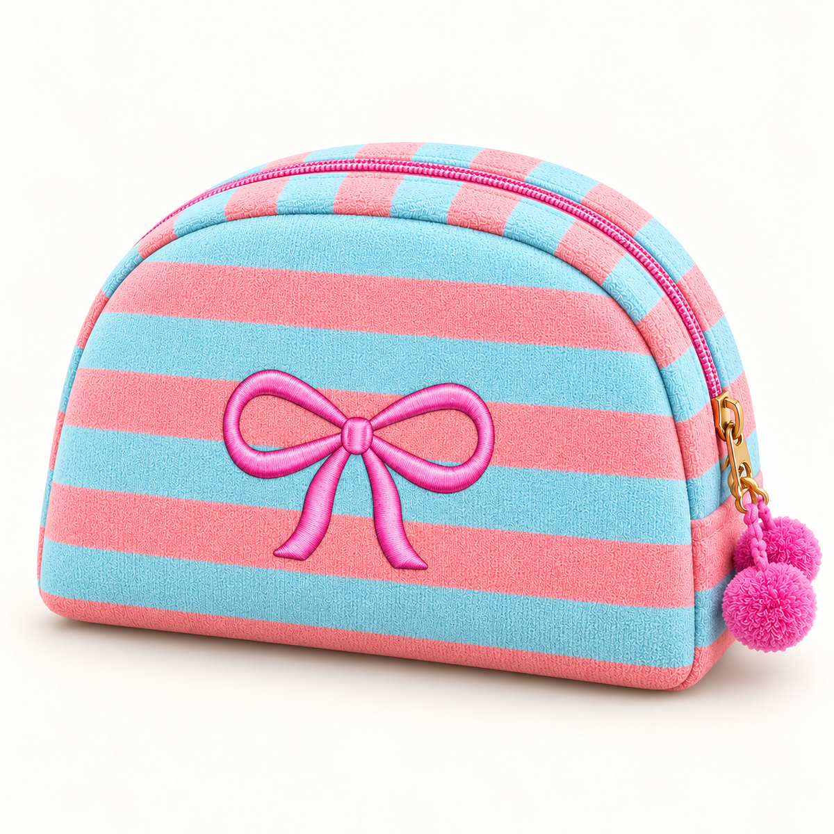 Aqua & Coral striped makeup pouch with embroidered personalization example and pom-pom zipper detail.