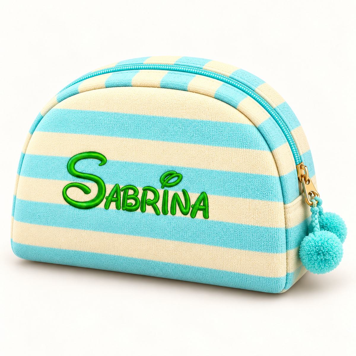 Aqua & Cream striped makeup pouch with embroidered personalization example and pom-pom zipper detail.