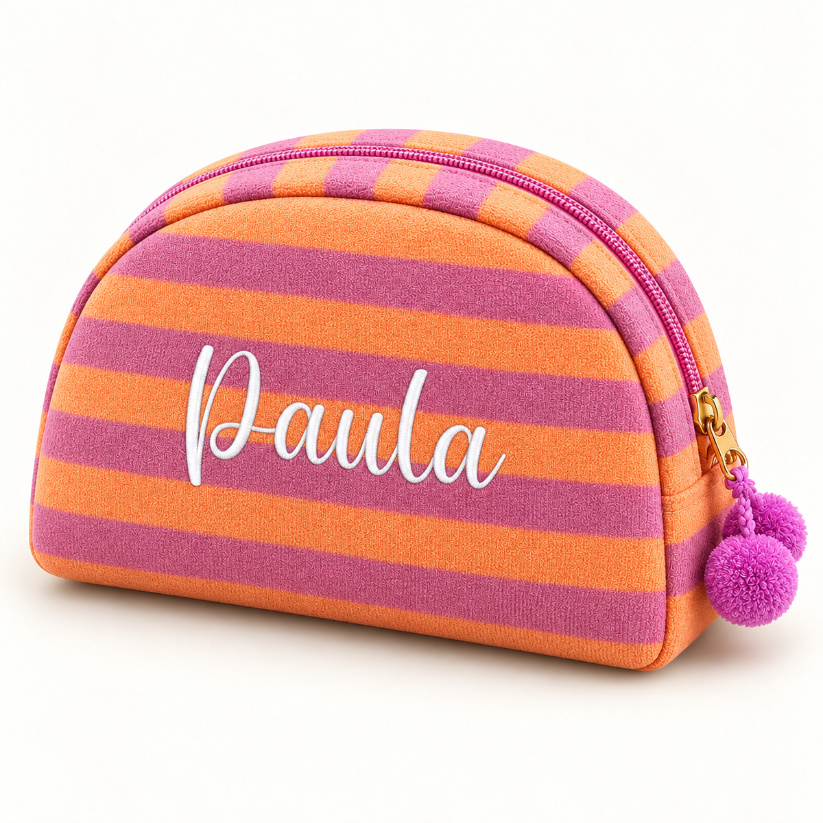 Orange & Berry striped makeup pouch with embroidered personalization example and pom-pom zipper detail.