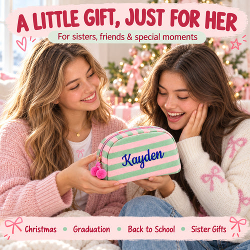 Two friends sharing a Sage and Pink Candy Stripe Personalized Makeup Bag with example name Kayden in a festive gift-giving scene. One makeup bag per order.
