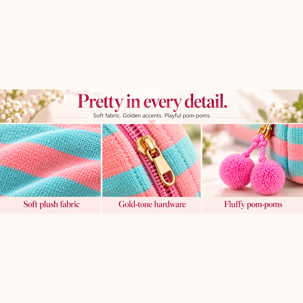 Wide detail collage of Candy Stripe makeup bag fabric texture, gold-tone zipper hardware and bright pink pom-poms.