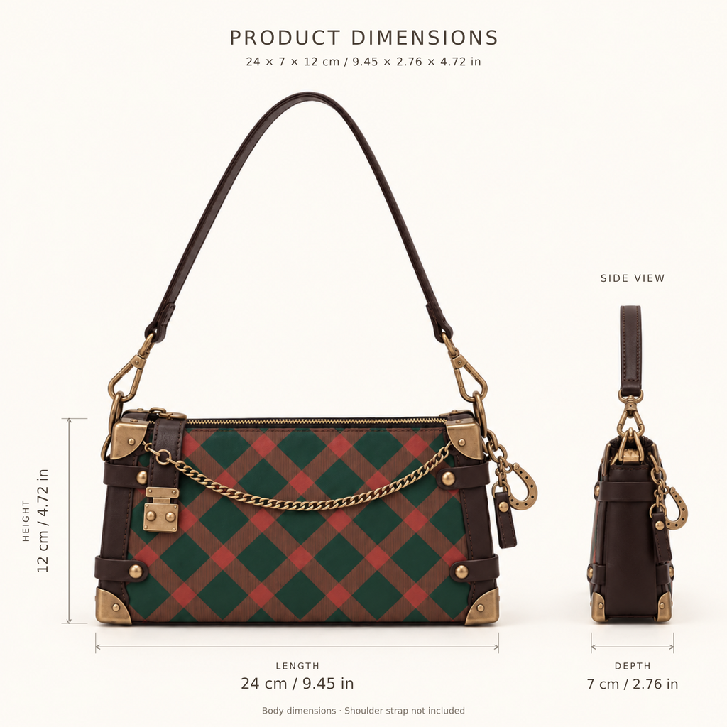 Forest and rust checkered shoulder bag size guide: length 24 cm (9.45 in), depth 7 cm (2.76 in), height 12 cm (4.72 in), with front and side views. Body dimensions exclude the shoulder strap.