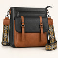 OVWQT Camden Heritage Crossbody Bag in Black & Cognac, front view with geometric woven strap.