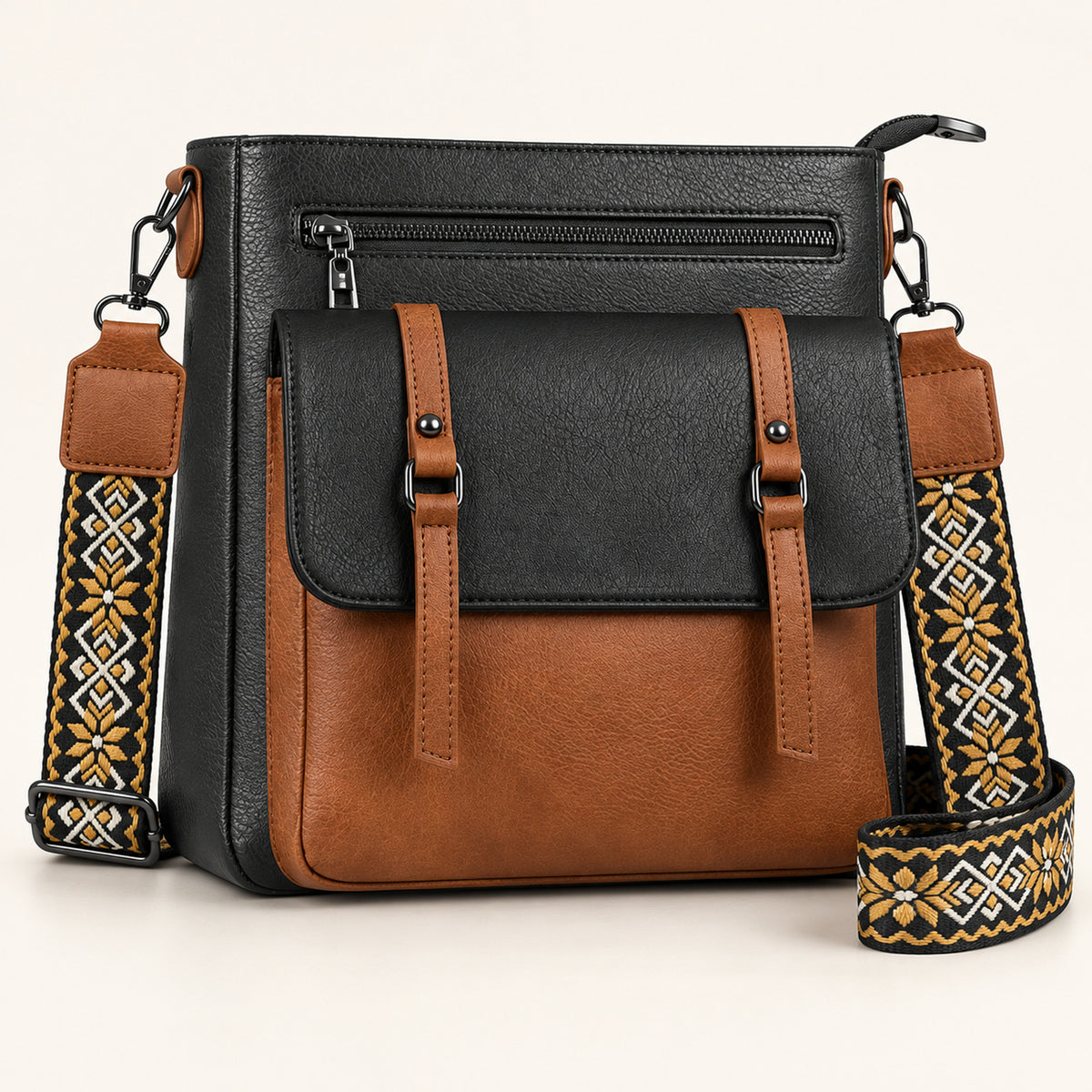 OVWQT Camden Heritage Crossbody Bag in Black & Cognac, front view with geometric woven strap.