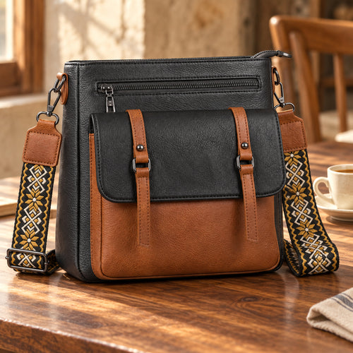 Camden Black & Cognac crossbody bag on a walnut cafe table with its patterned shoulder strap.
