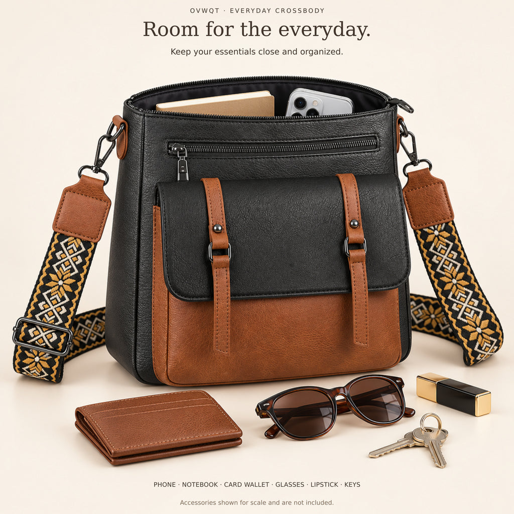Camden crossbody everyday storage with phone and small notebook; other accessories shown for scale.
