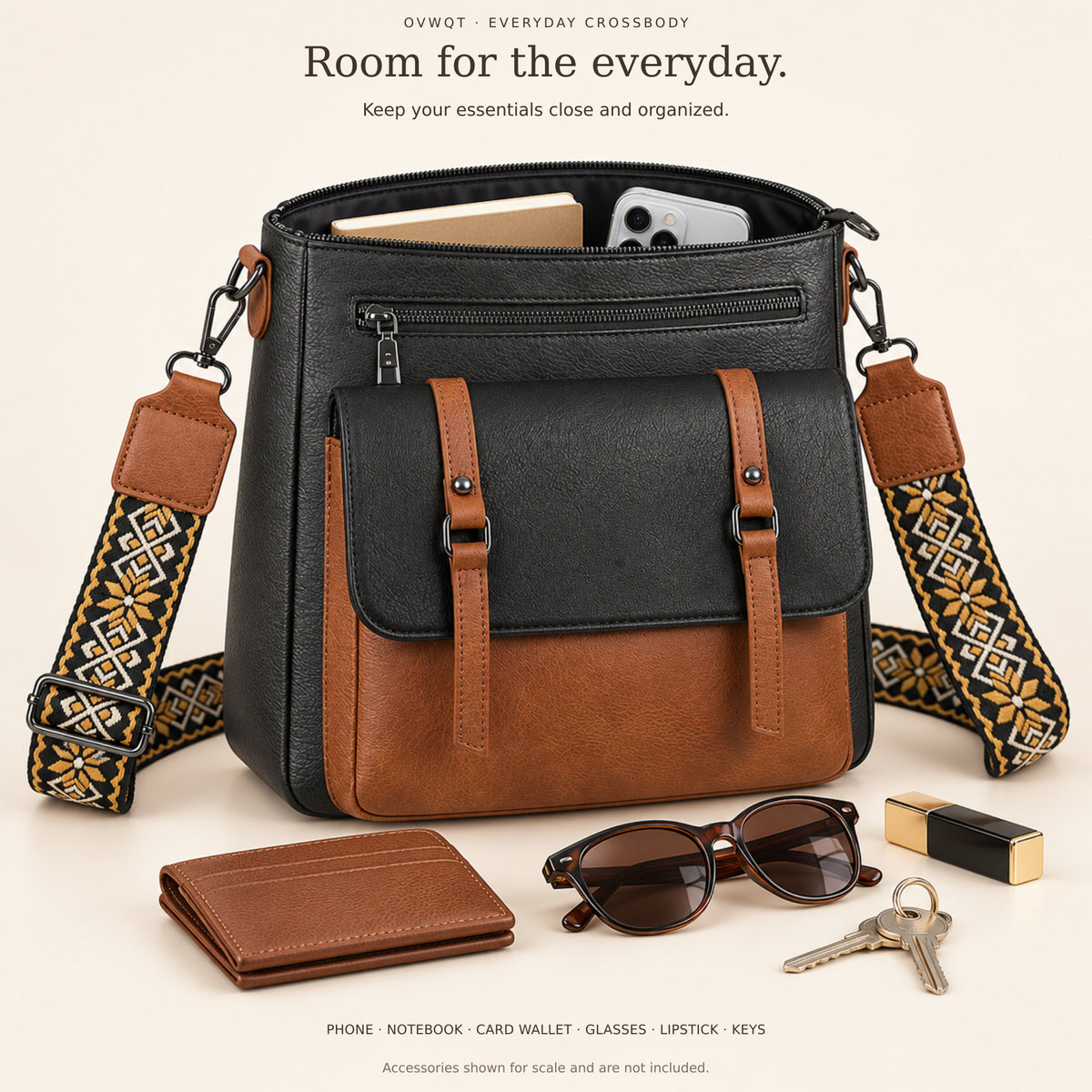 Camden crossbody everyday storage with phone and small notebook; other accessories shown for scale.