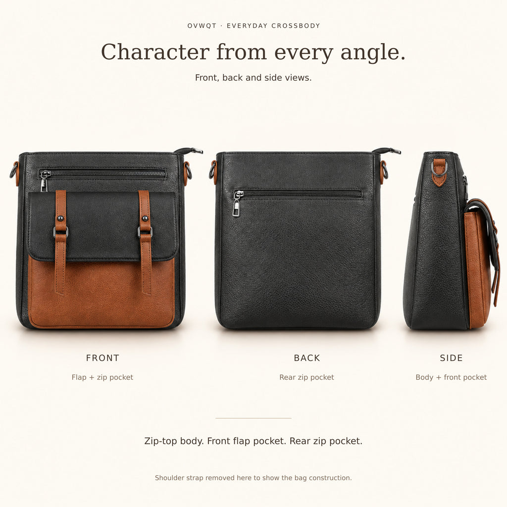 Front, back and side views of the Camden Black & Cognac crossbody bag, shoulder strap removed.