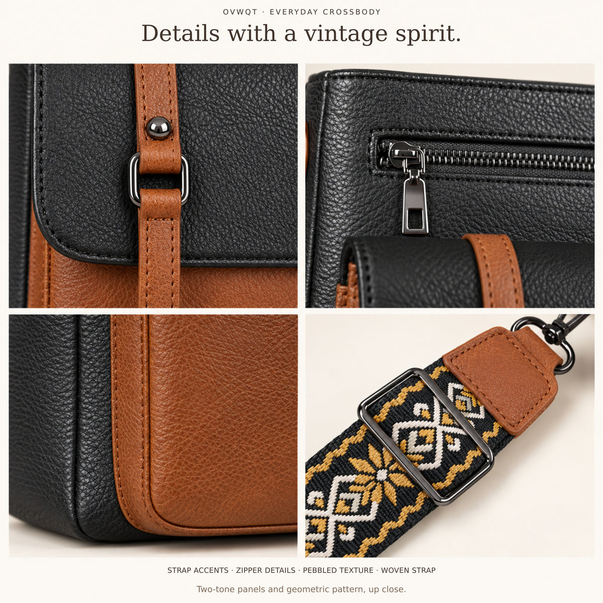 Camden bag details: twin strap accents, front zipper, pebbled panels and adjustable woven shoulder strap.