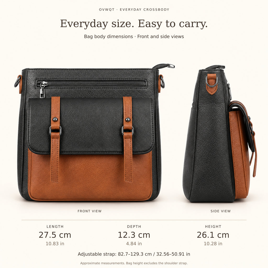Camden bag size: 27.5 cm length, 12.3 cm depth, 26.1 cm height; adjustable strap 82.7 to 129.3 cm.