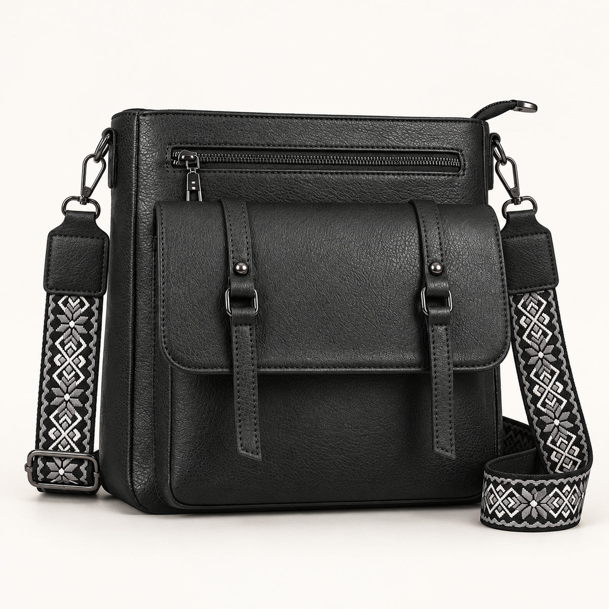 OVWQT Camden Heritage Crossbody Bag in Classic Black with a gray and ivory geometric woven strap.