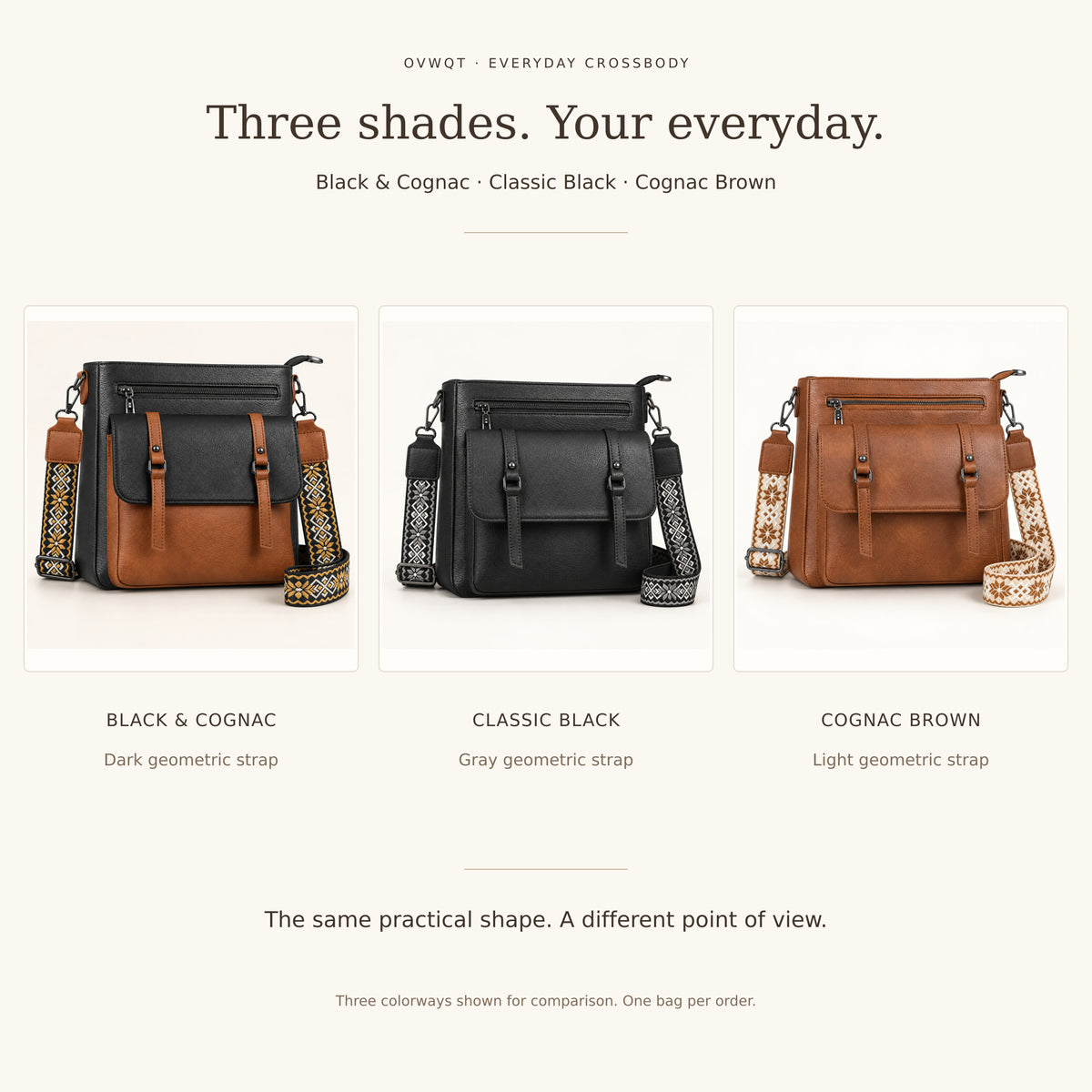 Camden crossbody color comparison: Black & Cognac, Classic Black and Cognac Brown.