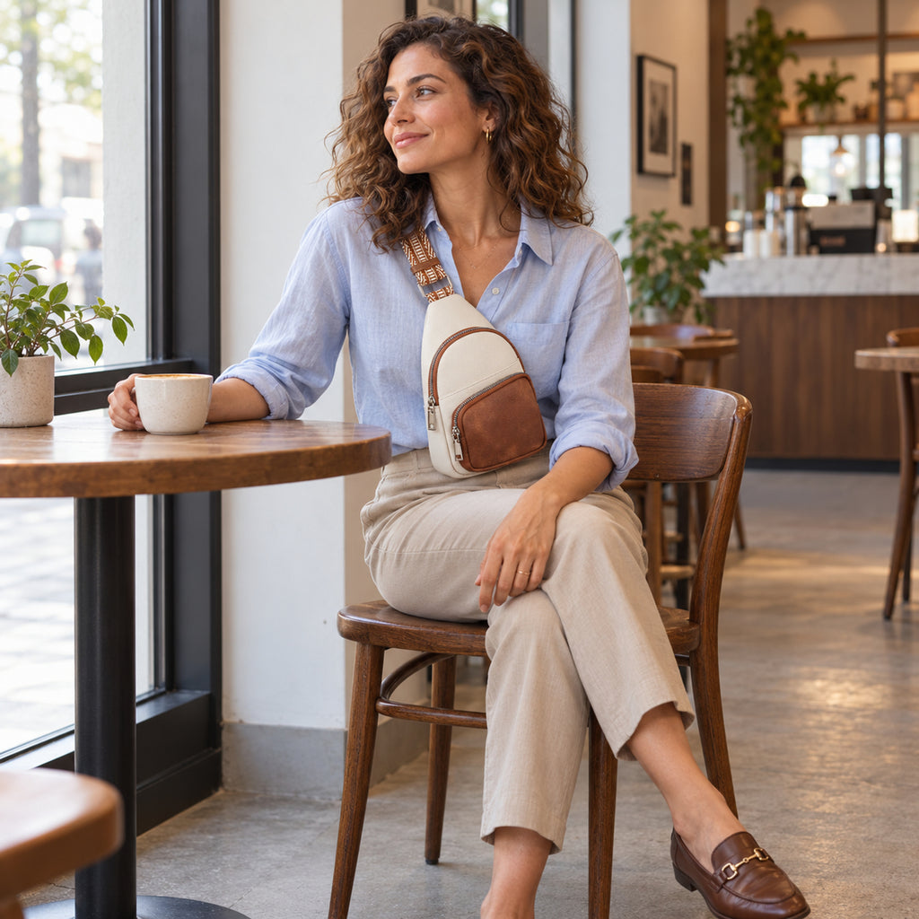 Woman seated at a cafe window wearing the Cream and Cognac sling bag with a zipped front pocket.