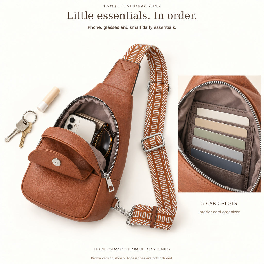 Cognac Brown sling bag showing everyday storage, interior slip pocket and five card slots. Accessories are styling props.