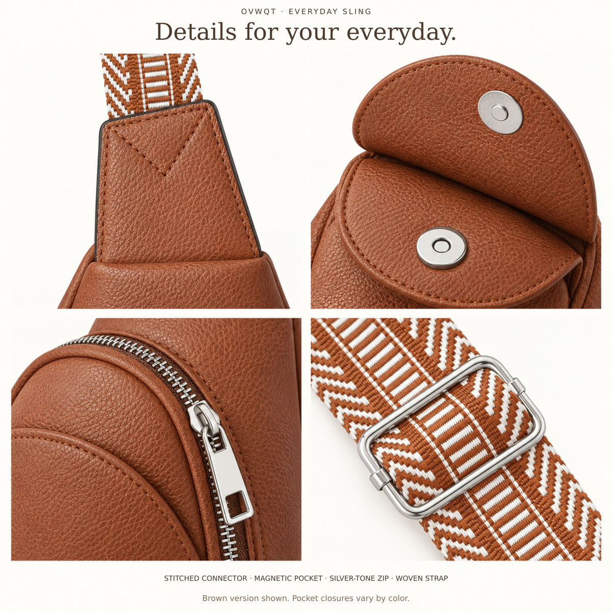 Close-up details of the Cognac Brown sling bag: stitched connector, magnetic front pocket, silver-tone zipper and adjustable woven strap.