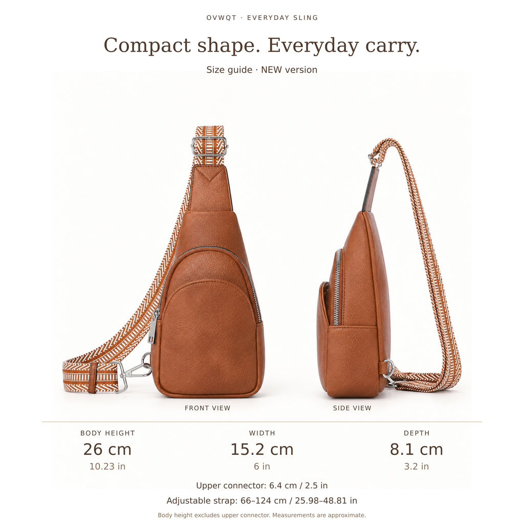 Sling bag size guide: body height 26 cm, width 15.2 cm, depth 8.1 cm. Upper connector about 6.4 cm is separate; strap approximately 66 to 124 cm.