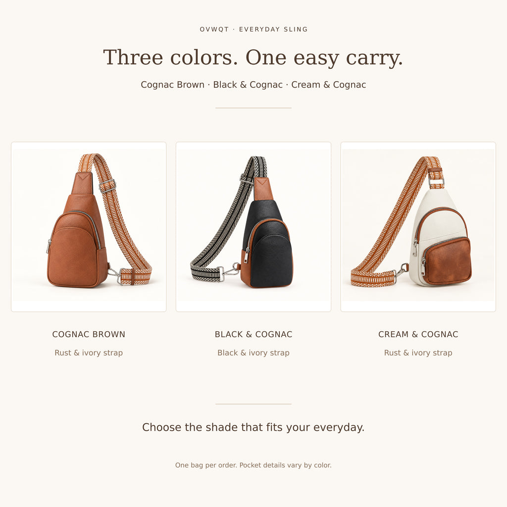 Sling bag color comparison: Cognac Brown, Black and Cognac, and Cream and Cognac. Front pocket closures vary by color.