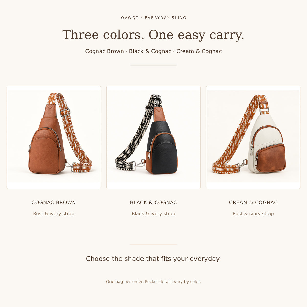 Sling bag color comparison: Cognac Brown, Black and Cognac, and Cream and Cognac. Front pocket closures vary by color.