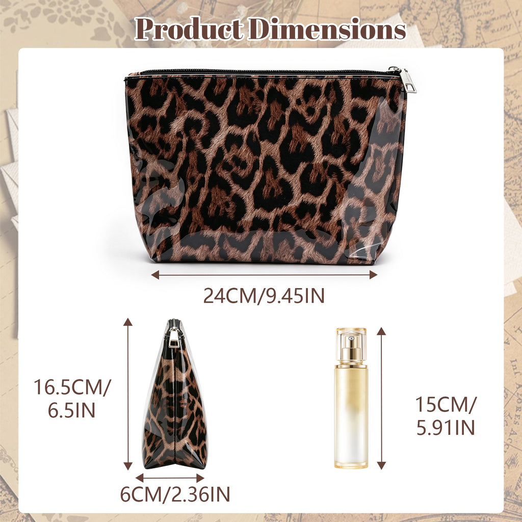 Caramel brown leopard print PVC makeup bag size guide: length 24 cm (9.45 in), depth 6 cm (2.36 in), height 16.5 cm (6.5 in), with a 15 cm (5.91 in) bottle for scale. Styling props are not included.