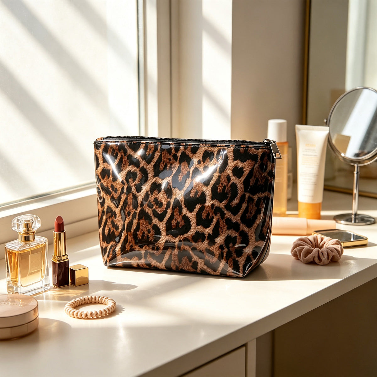 Caramel brown leopard print makeup bag with a glossy PVC exterior on a sunlit vanity beside beauty essentials. Styling props are not included.