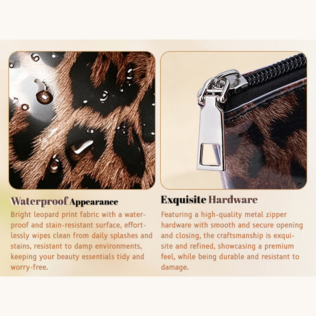 Close-up of the leopard print makeup bag's glossy PVC exterior with water droplets and metal zipper hardware, with exterior care and zipper information.