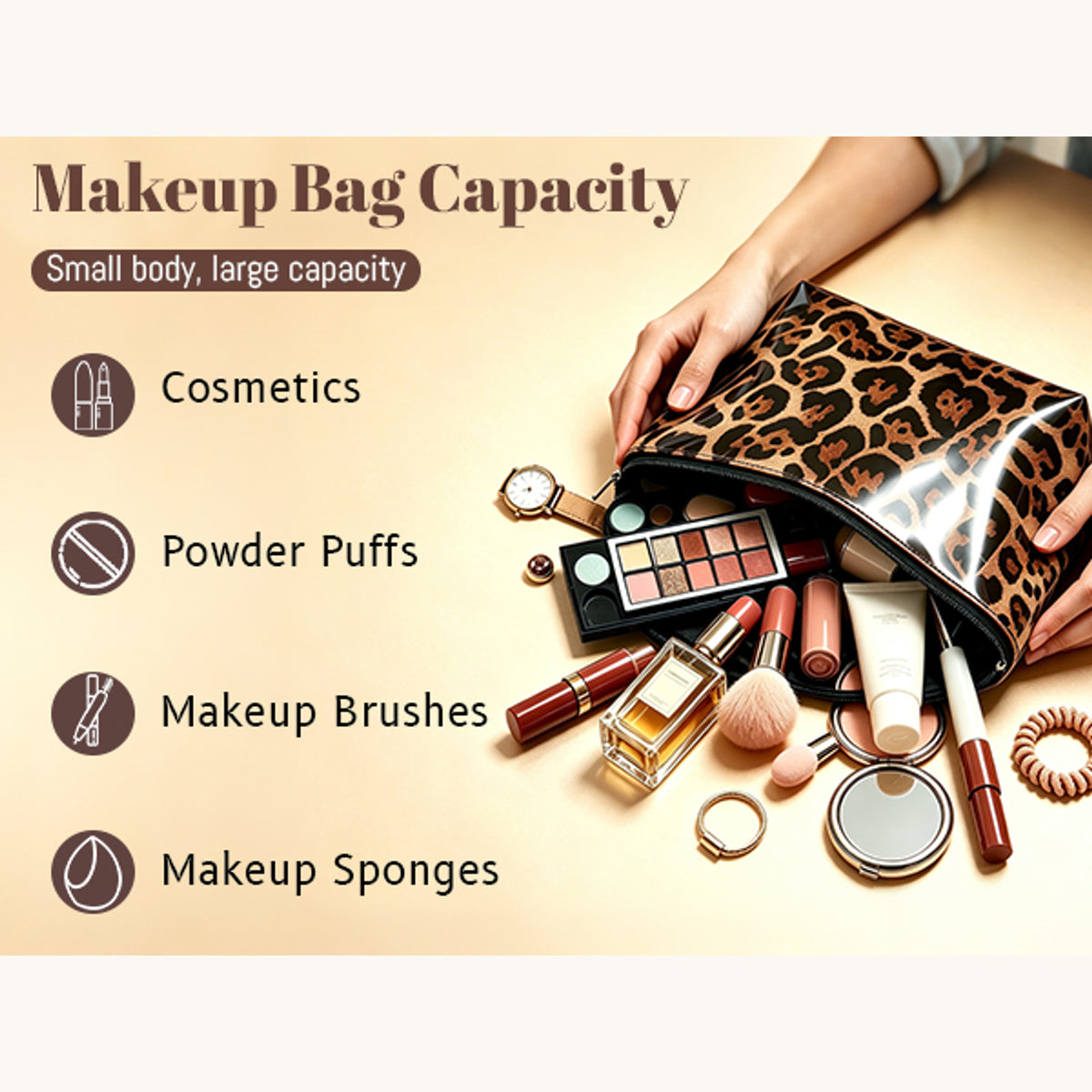 Leopard print makeup bag capacity illustration showing cosmetics, powder puffs, makeup brushes and makeup sponges. Styling props are not included.
