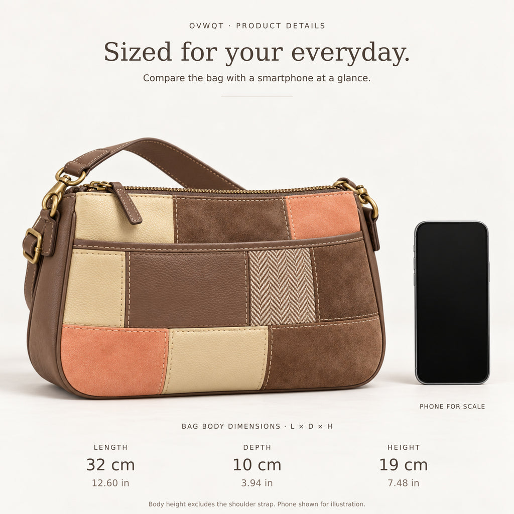 Patchwork crossbody bag size and smartphone comparison. Bag body: length 32 cm (12.60 in), depth 10 cm (3.94 in), height 19 cm (7.48 in). Body height excludes the shoulder strap; phone shown for illustration.
