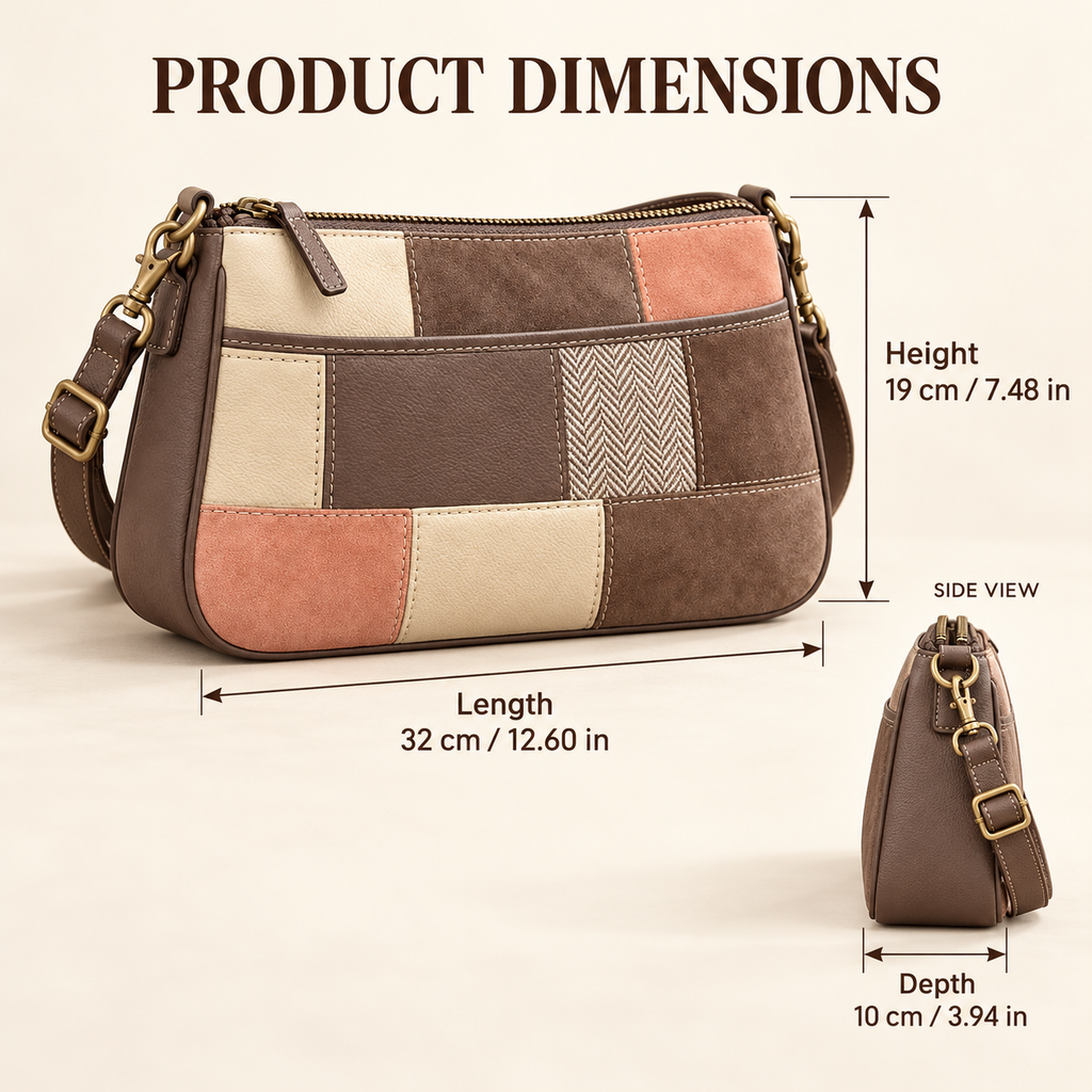 Patchwork crossbody bag size guide: length 32 cm (12.60 in), depth 10 cm (3.94 in), height 19 cm (7.48 in), with a side view.