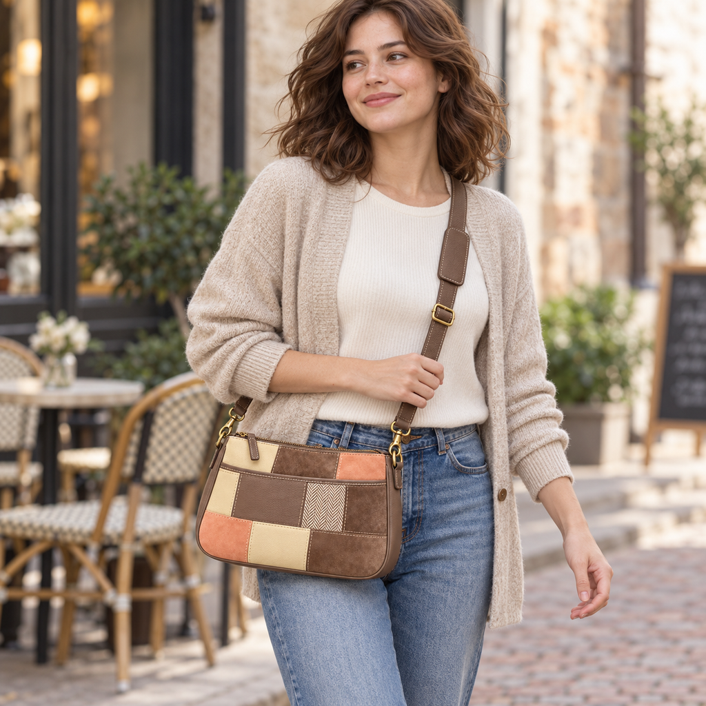 Woman in an oatmeal cardigan and blue jeans wearing the taupe, apricot and cream patchwork bag crossbody on a cafe street.