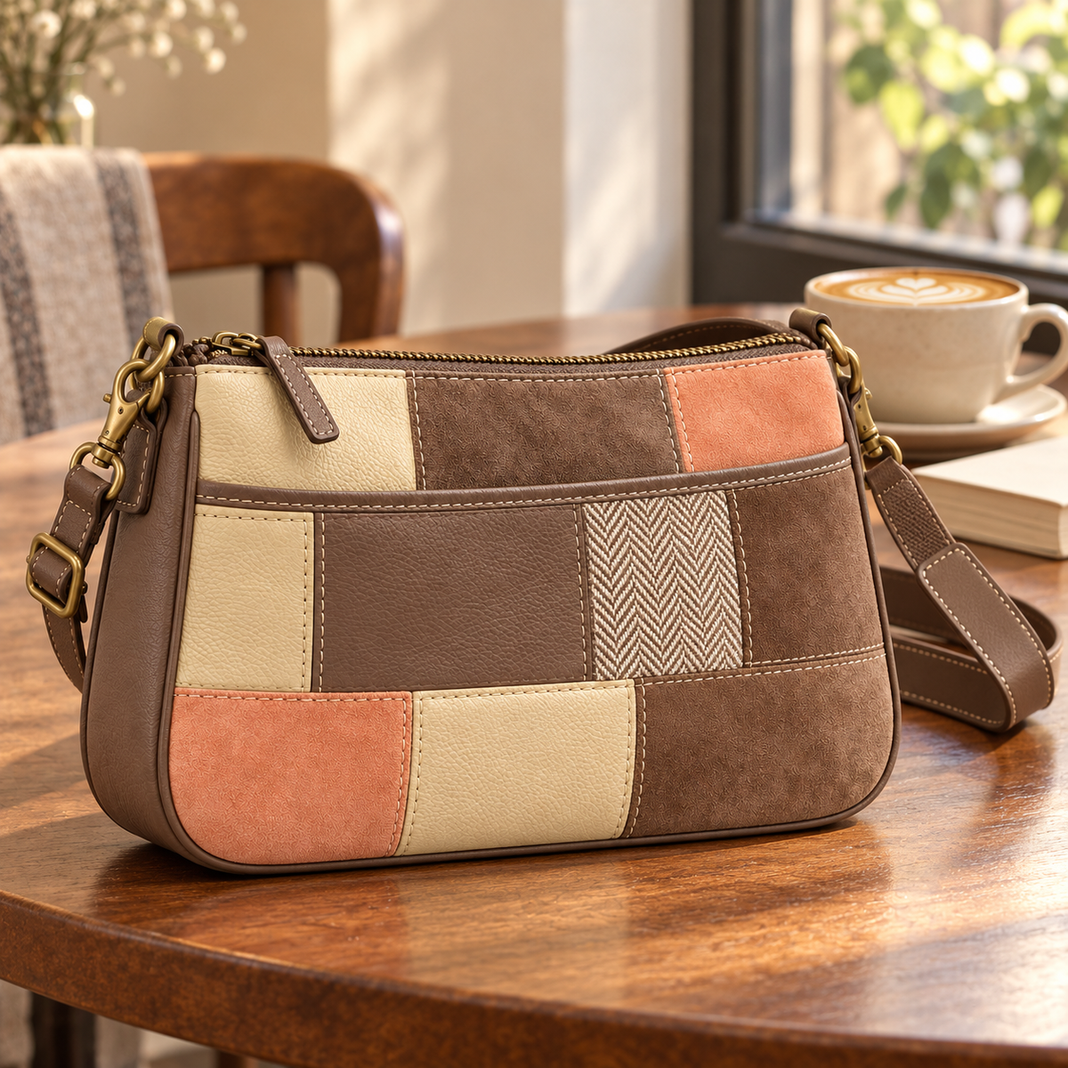 Taupe, apricot and cream patchwork crossbody bag on a walnut cafe table beside a cappuccino in soft window light.