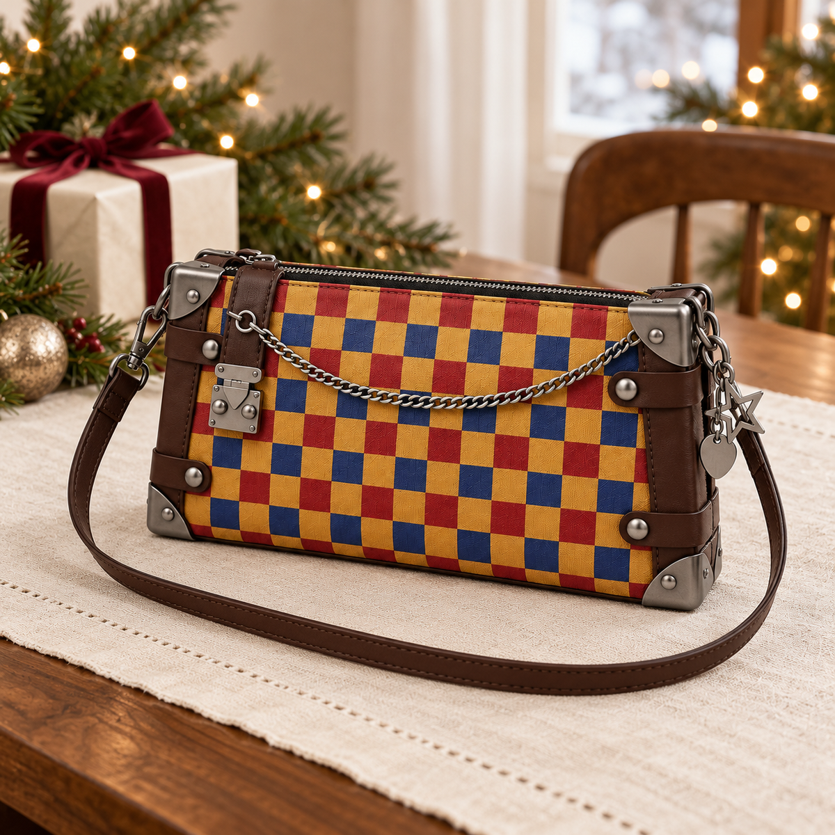 Red, yellow and navy checkerboard shoulder bag with gunmetal-tone hardware on a linen table with Christmas greenery and wrapped gifts.