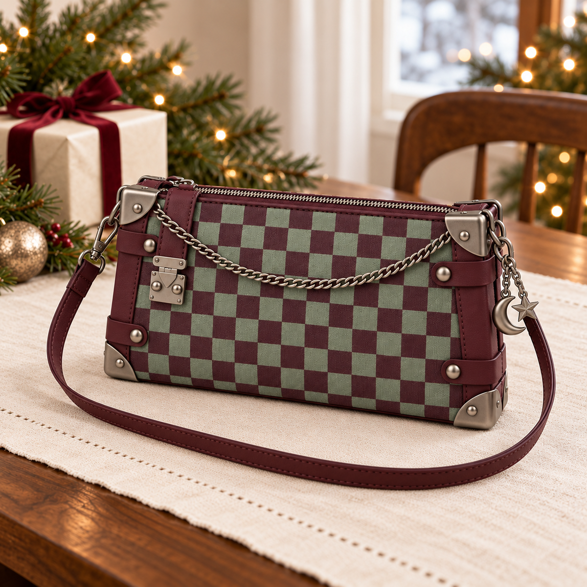 Wine and sage checkerboard shoulder bag with a deep wine strap, silver-gray hardware and moon-and-star charm in a Christmas scene.