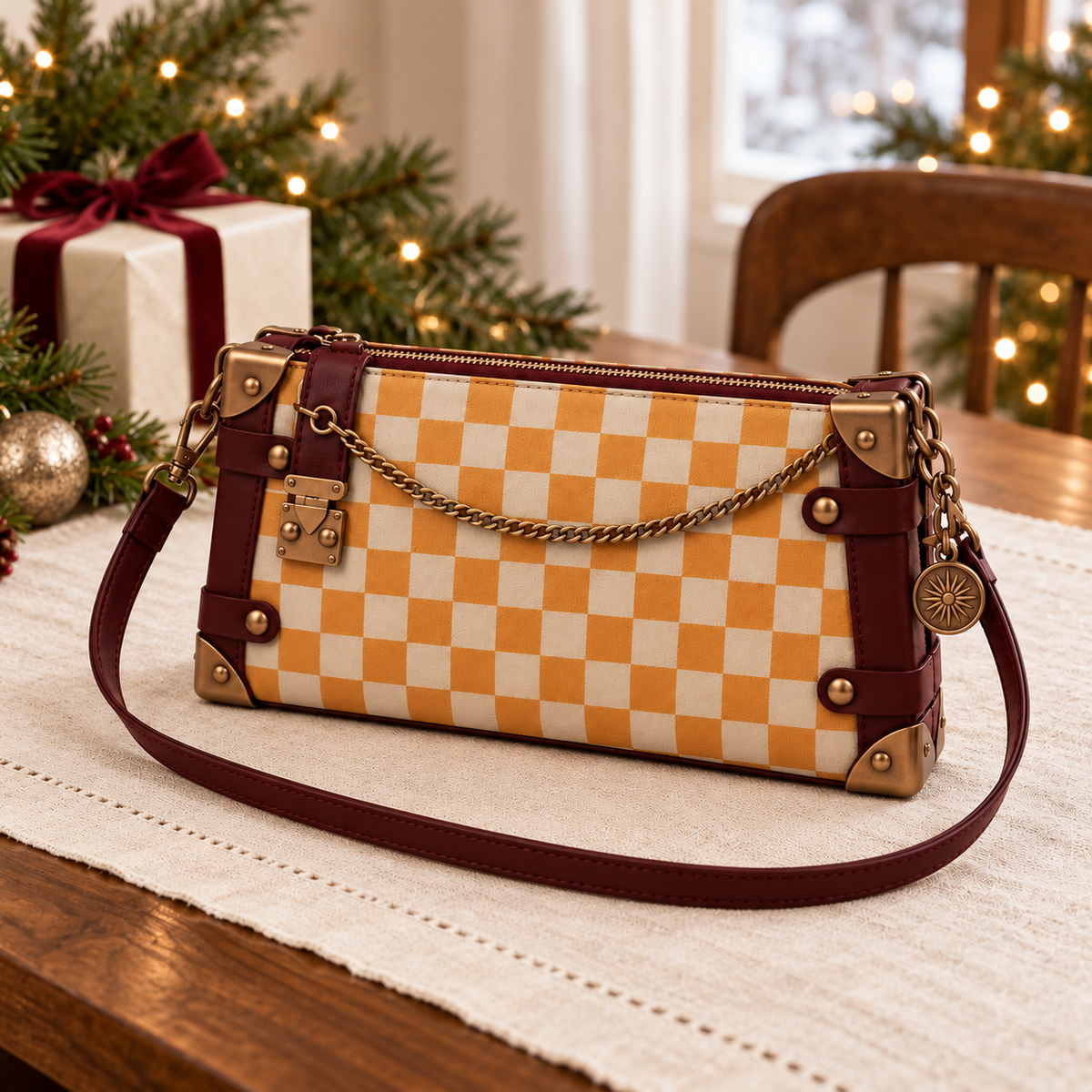 Honey and cream checkerboard shoulder bag with dark burgundy trim, copper-tone hardware and a sunburst coin charm in a Christmas scene.