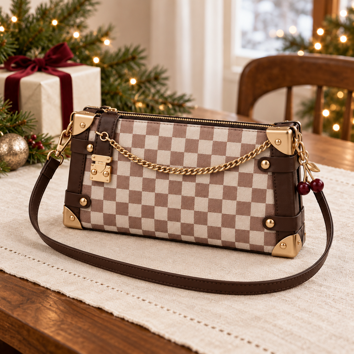 Ivory and coffee checkerboard shoulder bag with dark brown trim, champagne gold-tone hardware and a cherry charm in a Christmas scene.