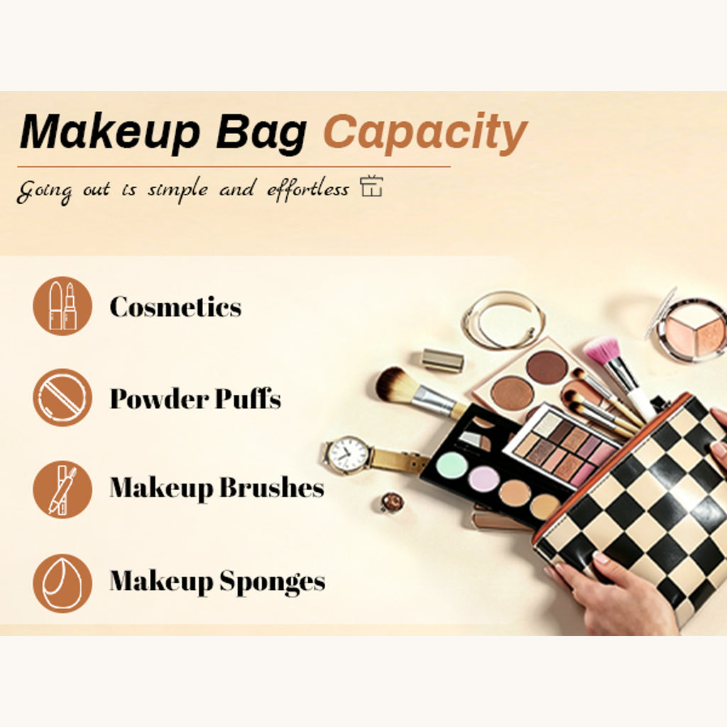 Retro Checkered Makeup Bag capacity illustration showing cosmetics, powder puffs, makeup brushes and makeup sponges. Styling props are not included.