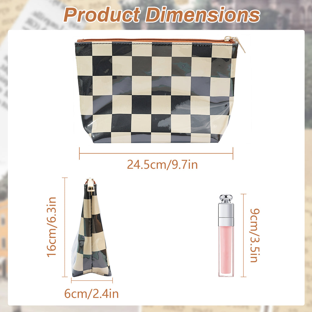 Black and Cream checkerboard makeup bag size guide: length 24.5 cm, depth 6 cm and height 16 cm, with a 9 cm cosmetic bottle for scale. Styling props are not included.