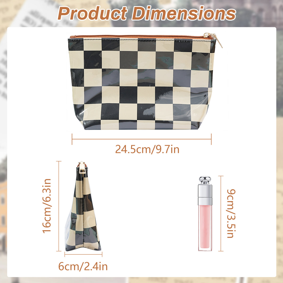Black and Cream checkerboard makeup bag size guide: length 24.5 cm, depth 6 cm and height 16 cm, with a 9 cm cosmetic bottle for scale. Styling props are not included.
