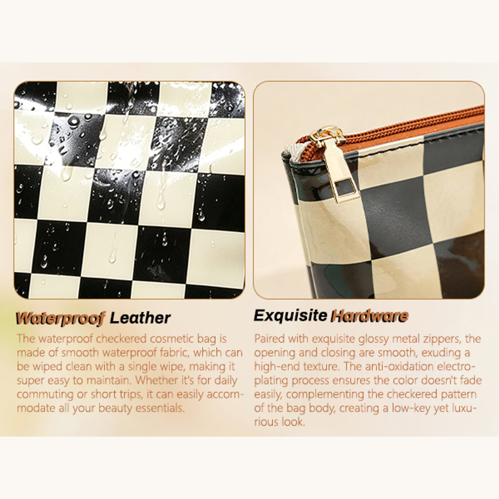 Close-up of water droplets on the checkered makeup bag's glossy exterior and its gold-tone metal zipper pull with rust-colored zipper tape.