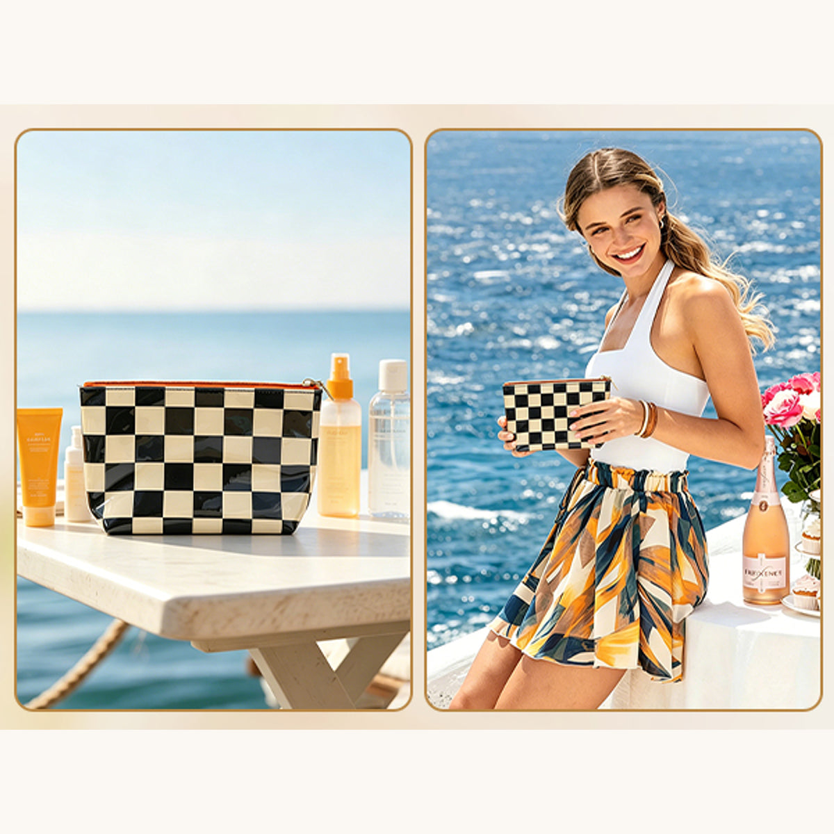 Black and Cream checkered makeup bag in a seaside beauty scene and held by a model beside the water. Styling props are not included.
