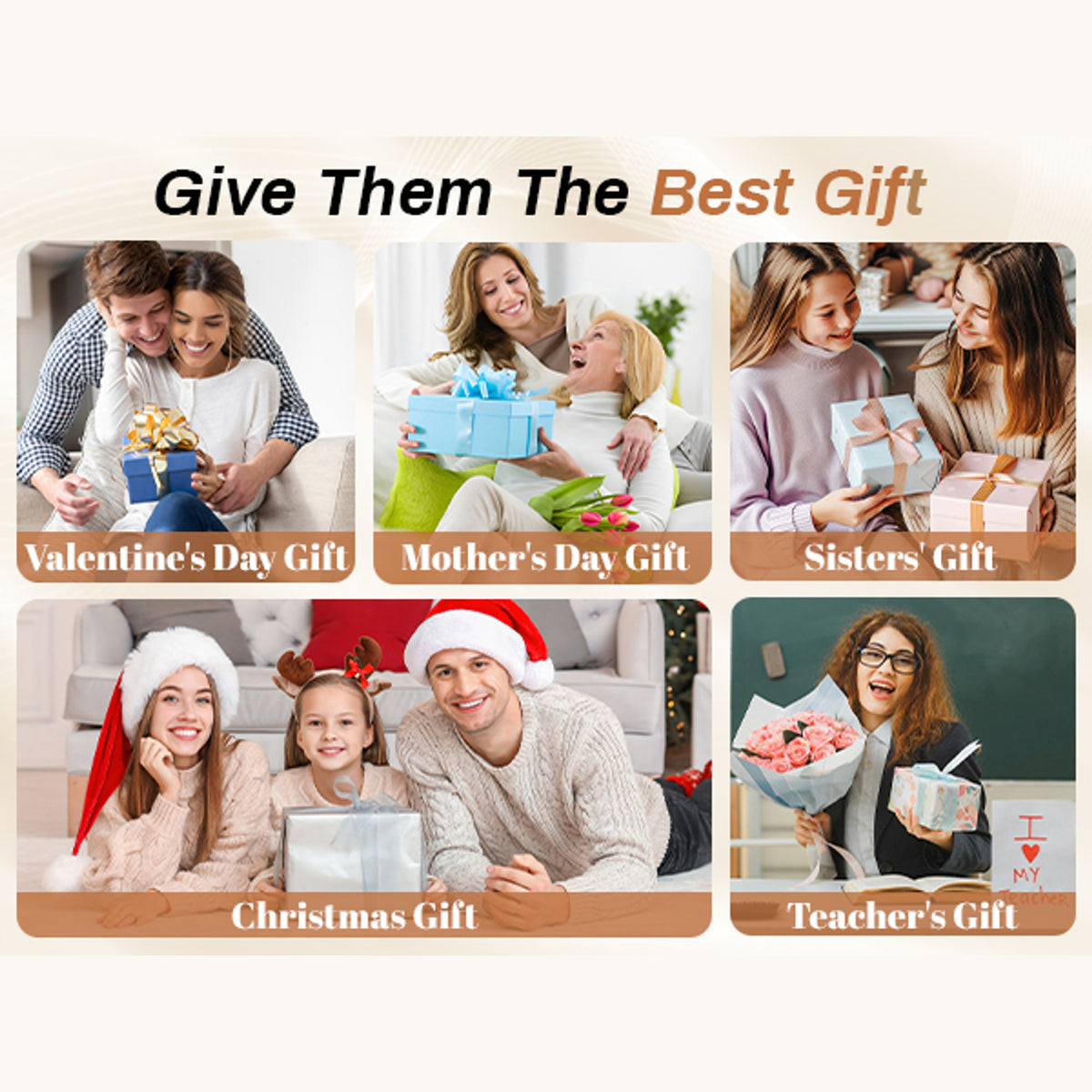 Gift occasion inspiration collage for Valentine's Day, Mother's Day, sisters, Christmas and teachers. Illustrative gift scenes; gift boxes are not included.