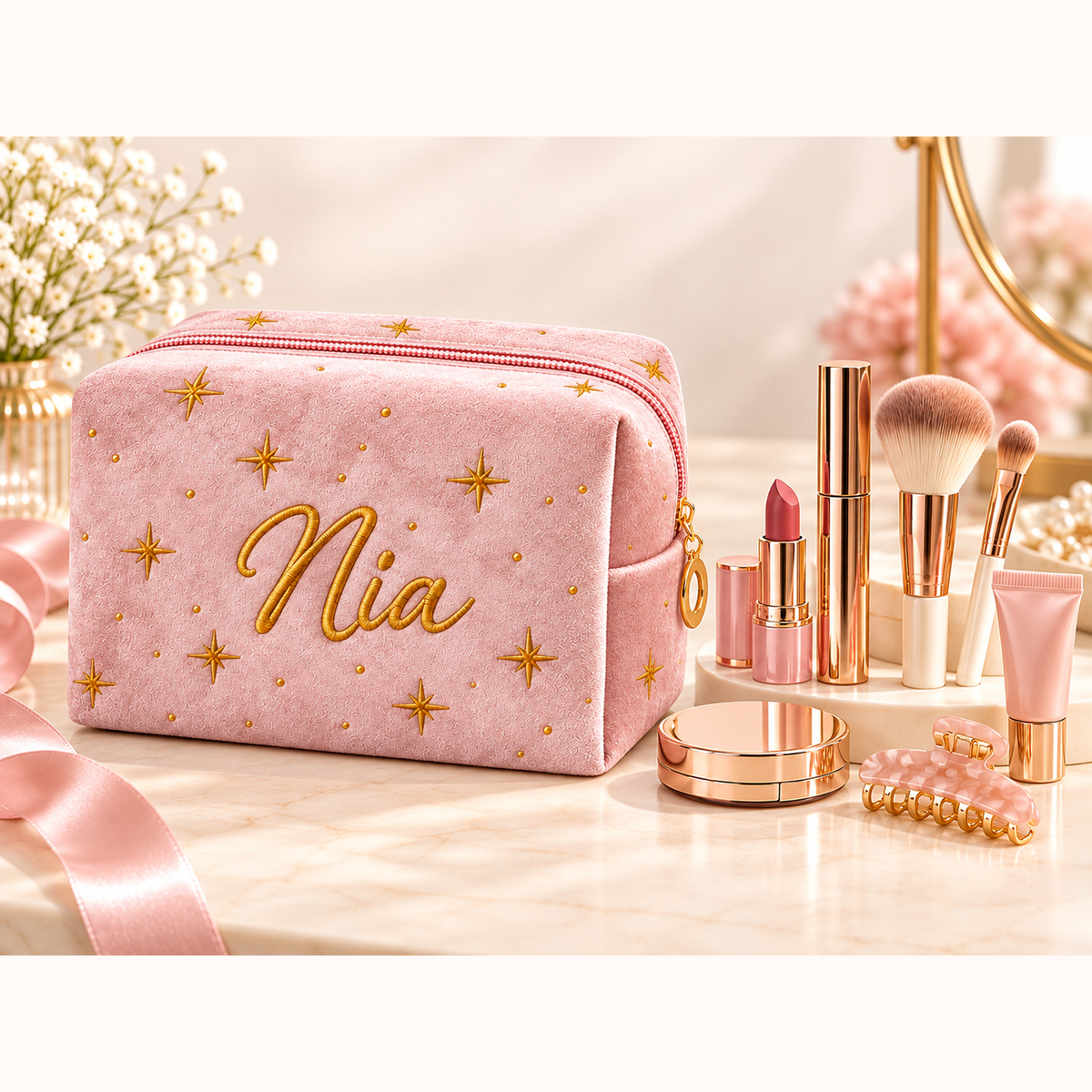 Blush pink star velvet makeup bag with example embroidered name Nia on a vanity with makeup and brushes. Styling props are not included.