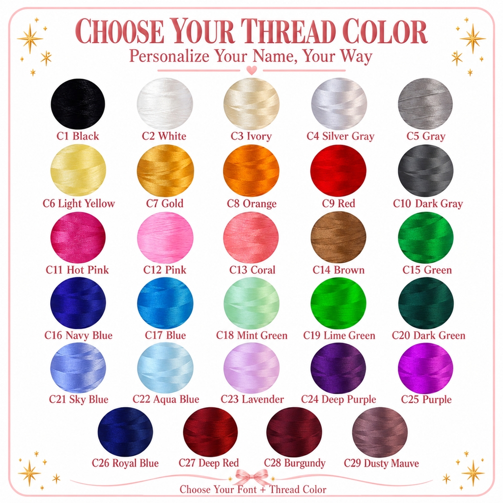 Personalization thread color reference chart showing 29 labeled embroidery colors, C1 Black through C29 Dusty Mauve.