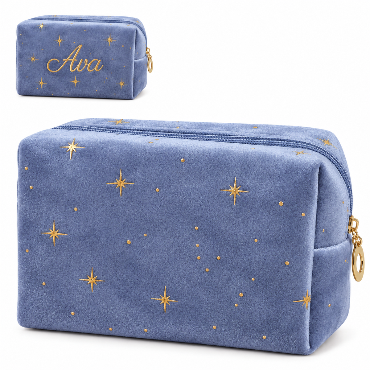 Dusty Blue star velvet makeup bag with gold stars, plus an inset showing example name Ava embroidered in gold. One makeup bag per order.