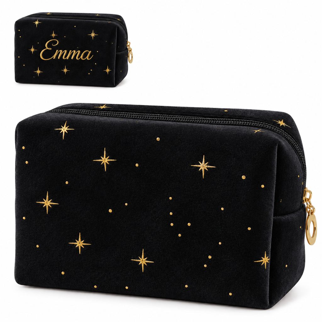 Black star velvet makeup bag with gold stars, plus an inset showing example name Emma embroidered in gold. One makeup bag per order.